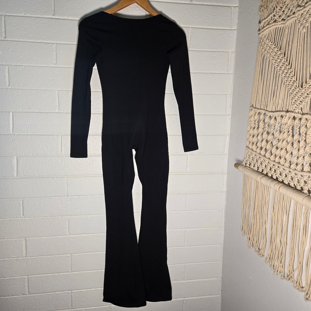 Qinsen Long Sleeve Flare Leg Jumpsuit Small Catsuit Bodysuit Yoga Active Rave
